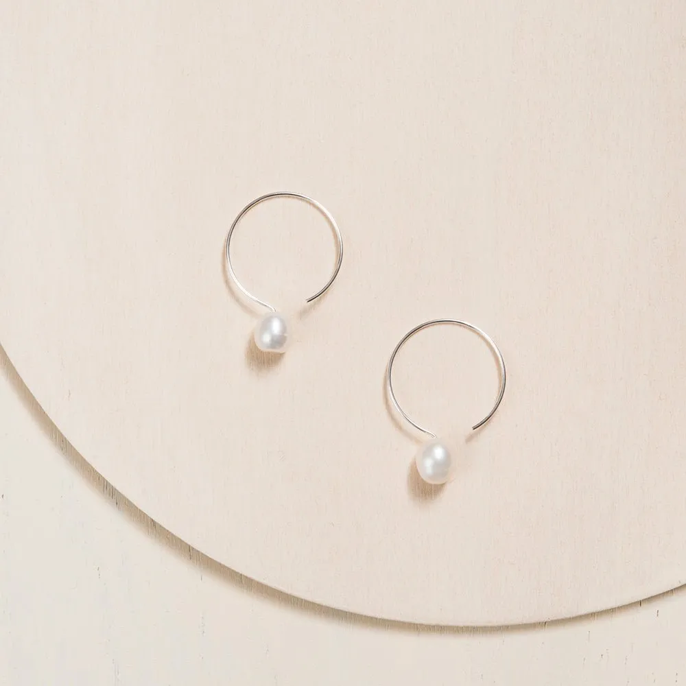 Silver Hoop Earrings - Ivory Pearl - 24mm