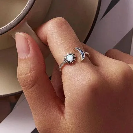 Sterling Silver Classic Sun And Moon Ring Adjustable Moon Ring