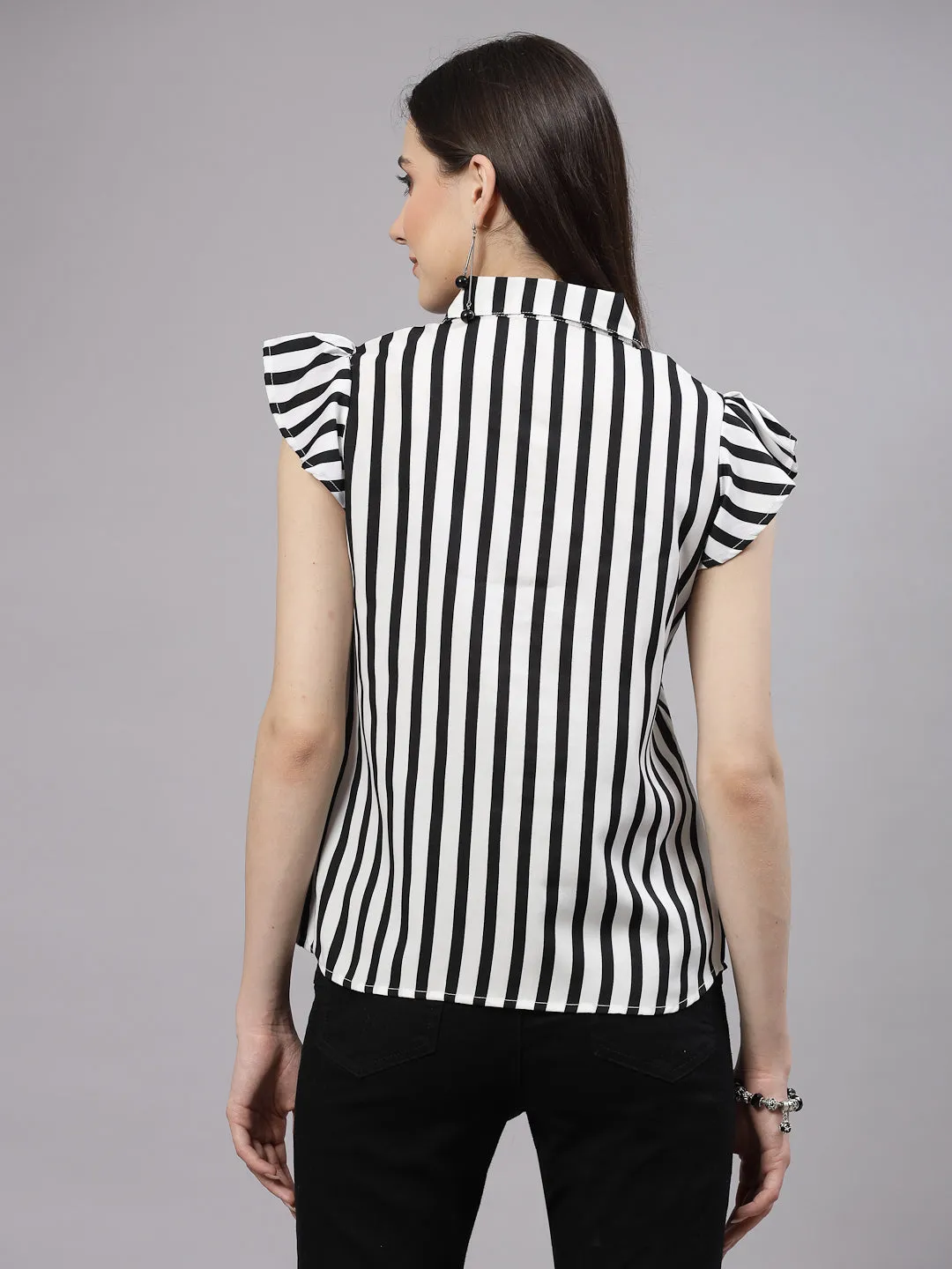 Style Quotient Women Black and White Formal Short Cap Sleeve Shirt