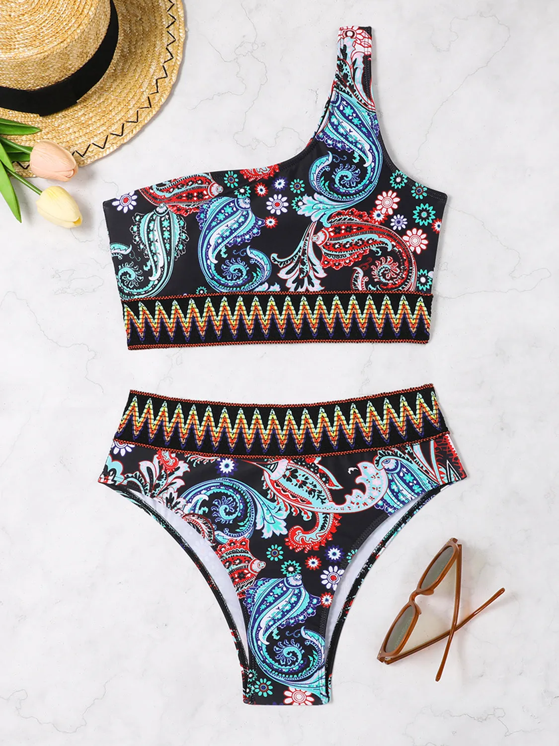 Sunset Vacation  Printed One Shoulder Two-Piece Swim Set