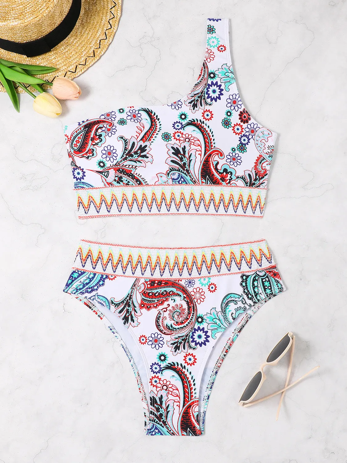 Sunset Vacation  Printed One Shoulder Two-Piece Swim Set