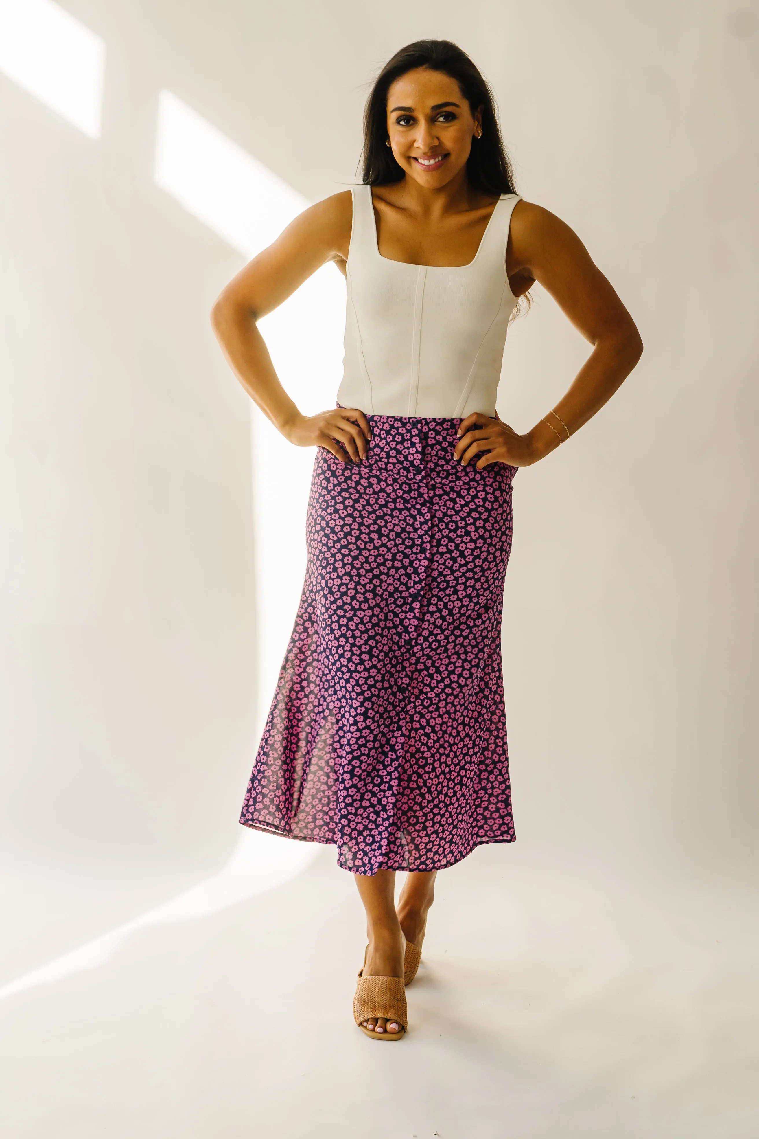 The Ellston Floral Button-Down Maxi Skirt in Navy   Pink