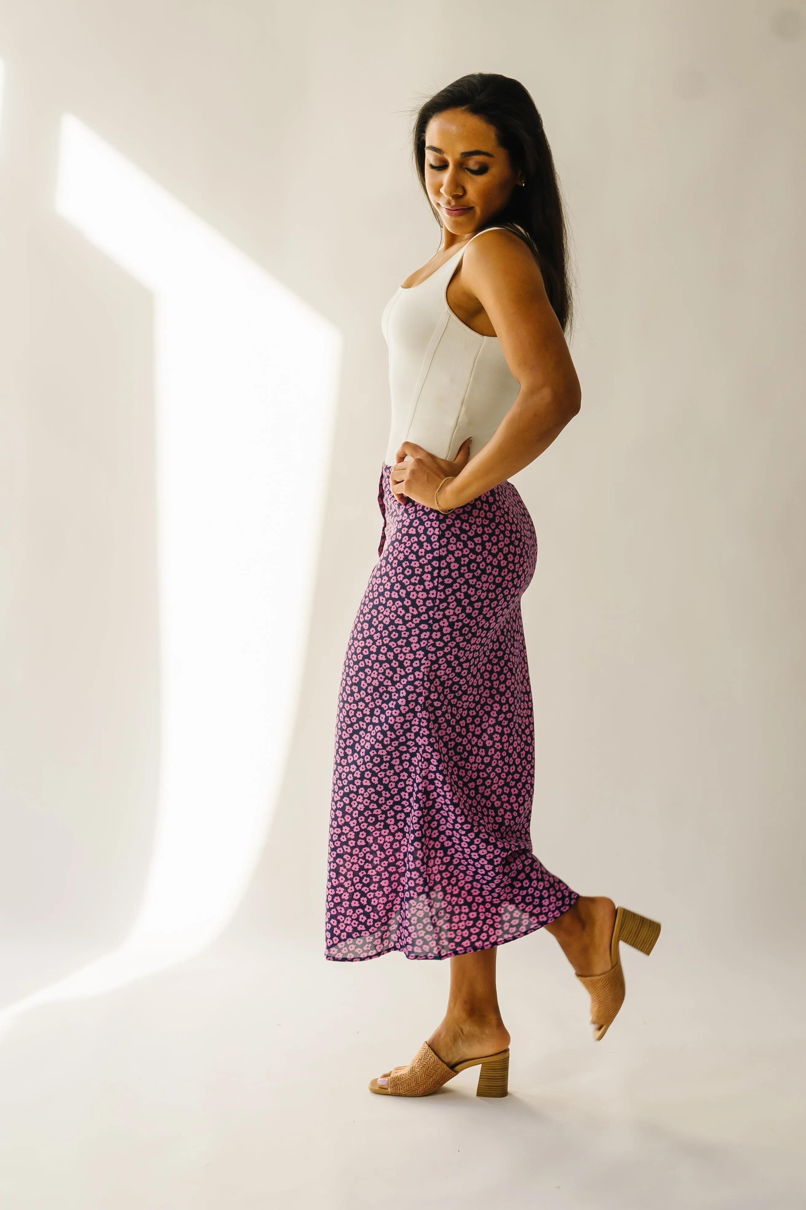 The Ellston Floral Button-Down Maxi Skirt in Navy   Pink