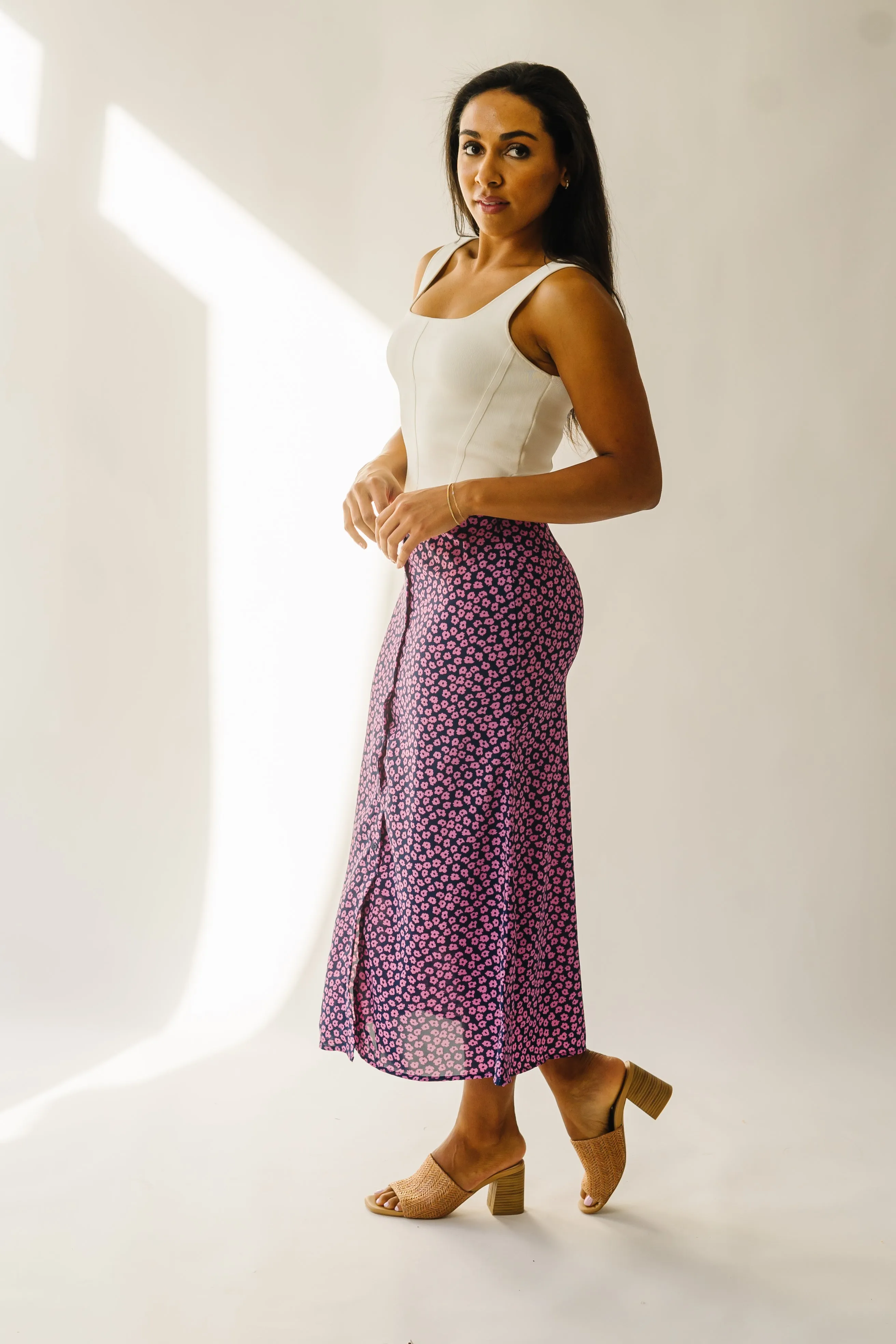 The Ellston Floral Button-Down Maxi Skirt in Navy   Pink