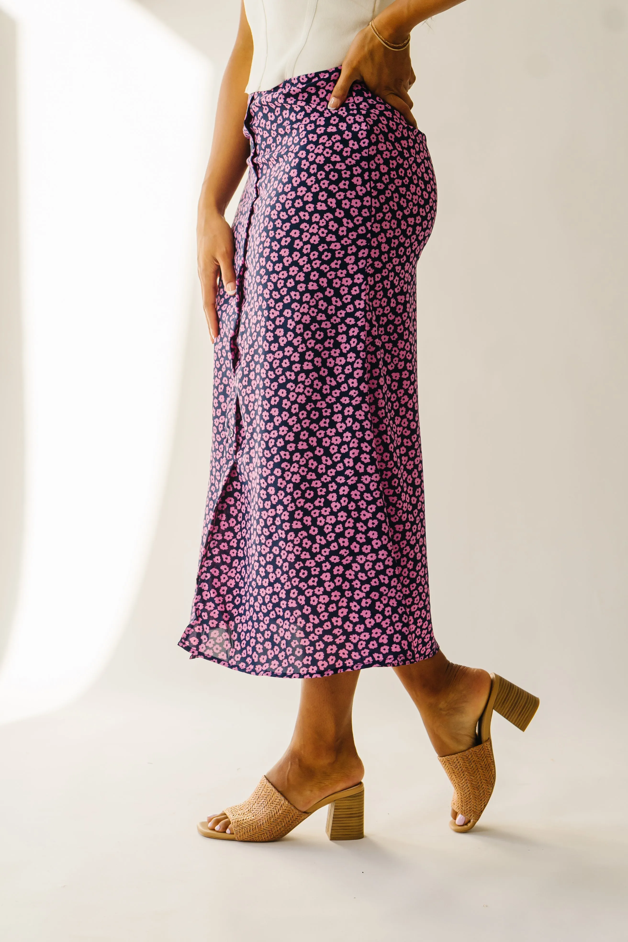 The Ellston Floral Button-Down Maxi Skirt in Navy   Pink