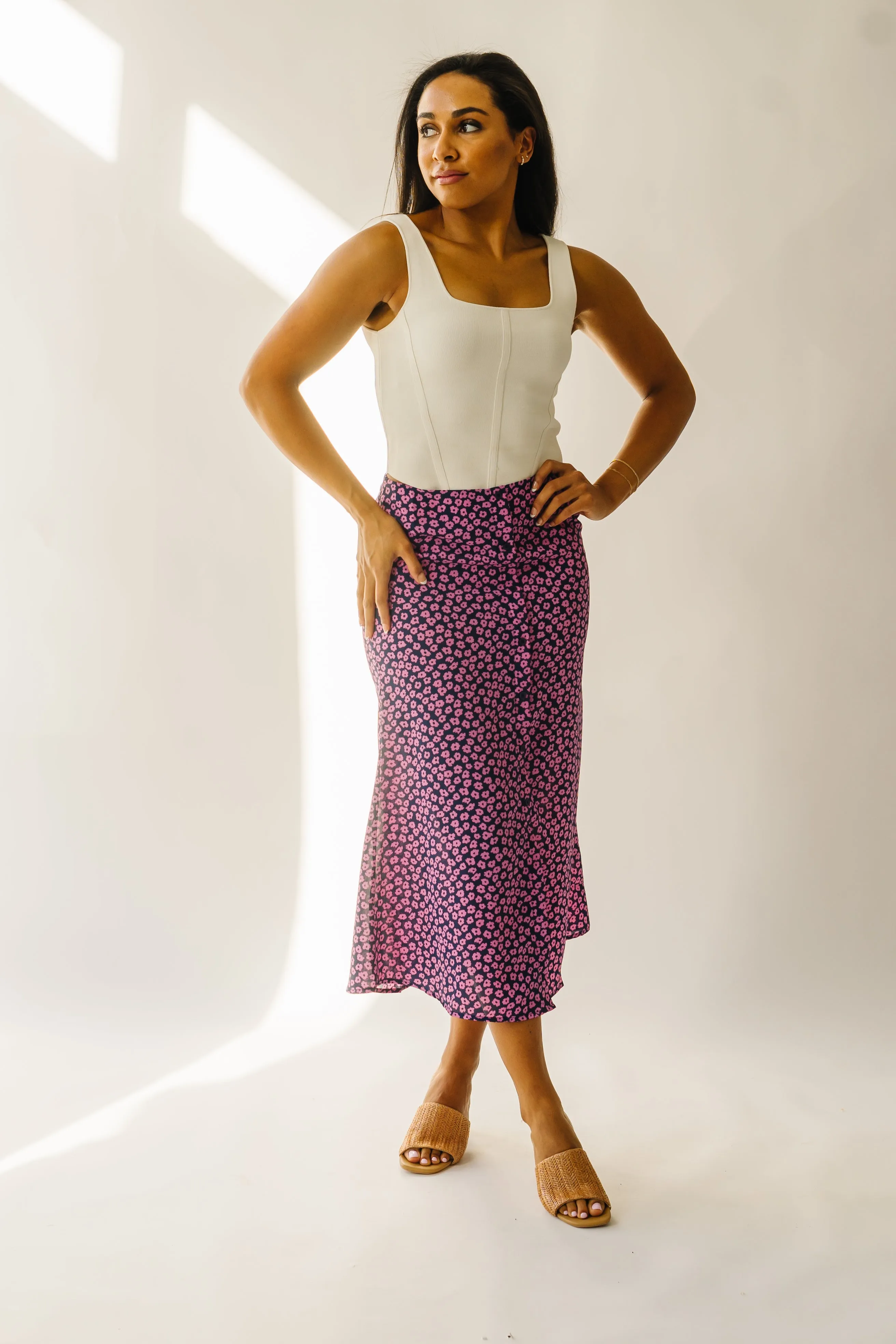 The Ellston Floral Button-Down Maxi Skirt in Navy   Pink