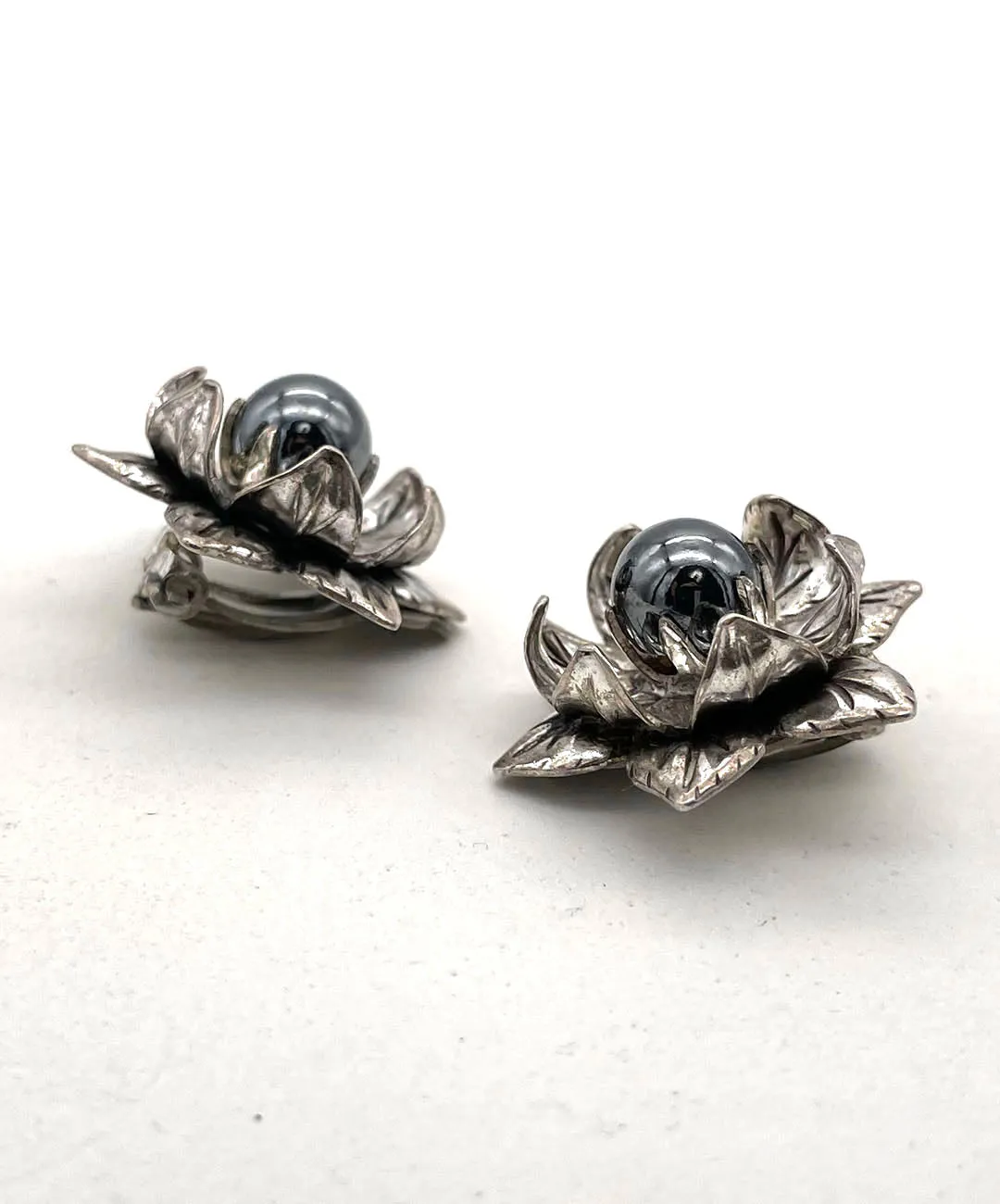 【USA輸入】ヴィンテージ スターリングシルバー フラワー カボション イヤリング/Vintage Sterling Flower Cabochon Clip On Earrings