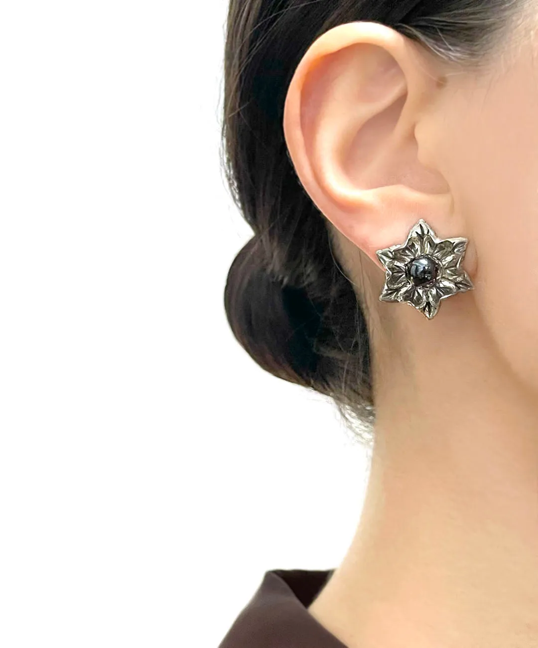 【USA輸入】ヴィンテージ スターリングシルバー フラワー カボション イヤリング/Vintage Sterling Flower Cabochon Clip On Earrings