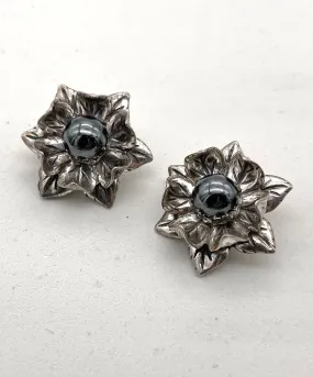 【USA輸入】ヴィンテージ スターリングシルバー フラワー カボション イヤリング/Vintage Sterling Flower Cabochon Clip On Earrings