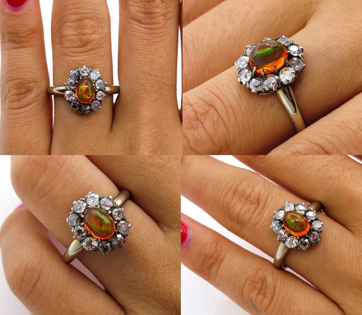 Victorian 2.45ct Antique Vintage FIRE OPAL and Old European DIAMOND Cocktail Cluster Ring