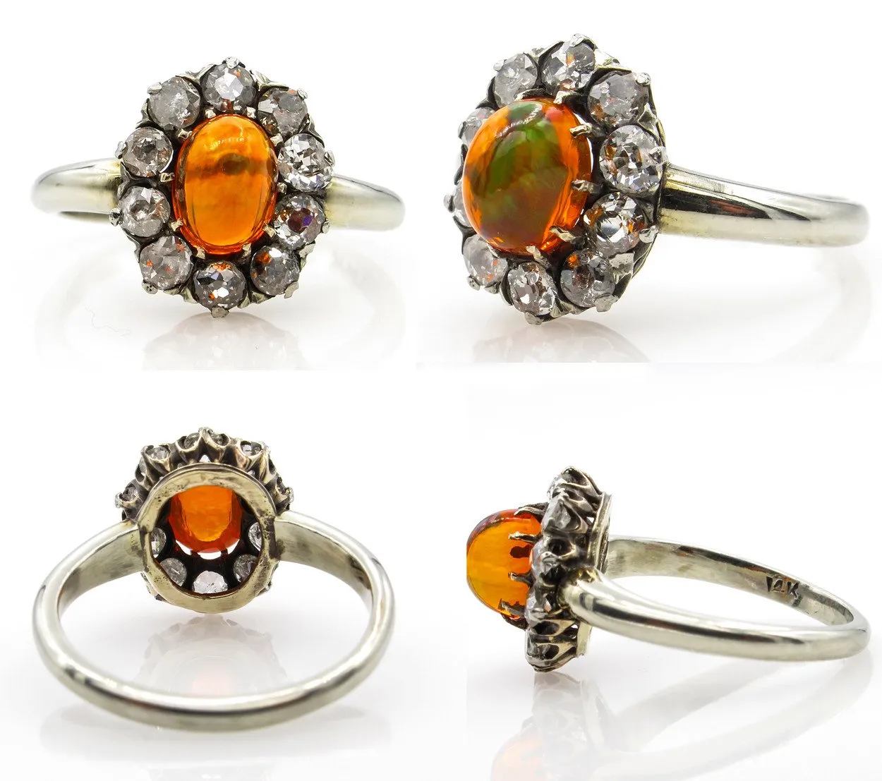 Victorian 2.45ct Antique Vintage FIRE OPAL and Old European DIAMOND Cocktail Cluster Ring