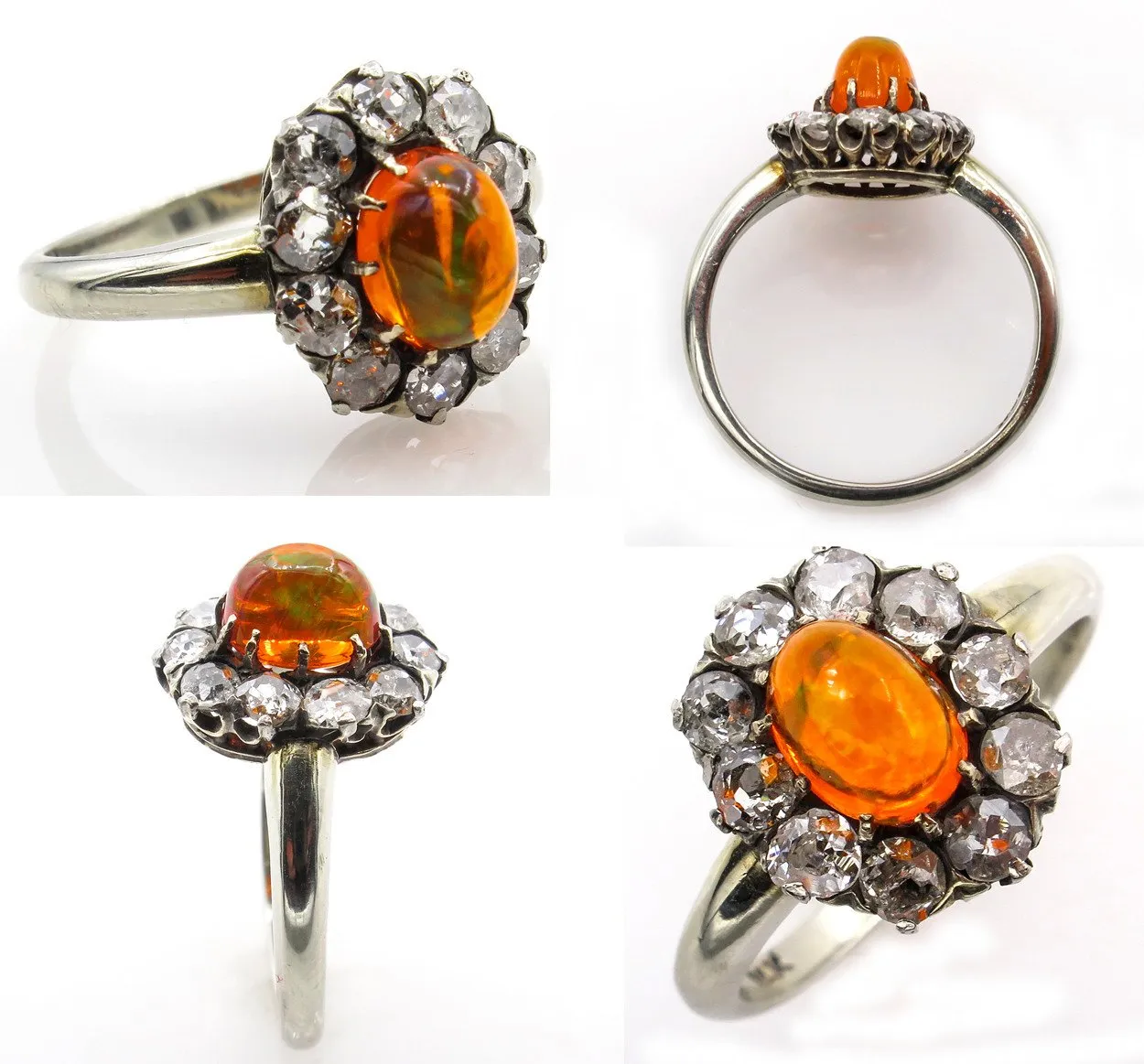 Victorian 2.45ct Antique Vintage FIRE OPAL and Old European DIAMOND Cocktail Cluster Ring