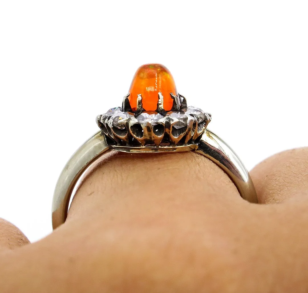 Victorian 2.45ct Antique Vintage FIRE OPAL and Old European DIAMOND Cocktail Cluster Ring