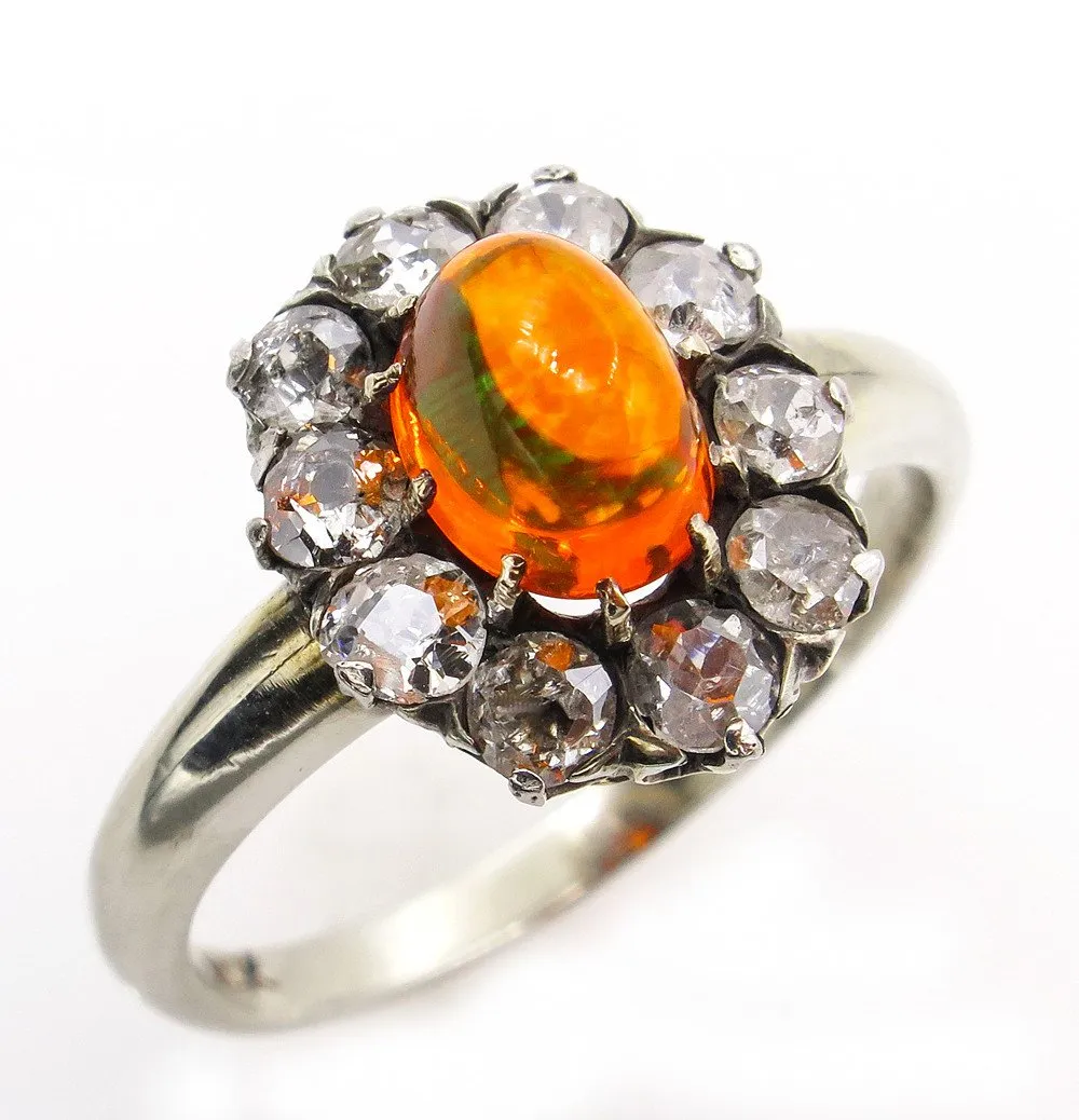 Victorian 2.45ct Antique Vintage FIRE OPAL and Old European DIAMOND Cocktail Cluster Ring