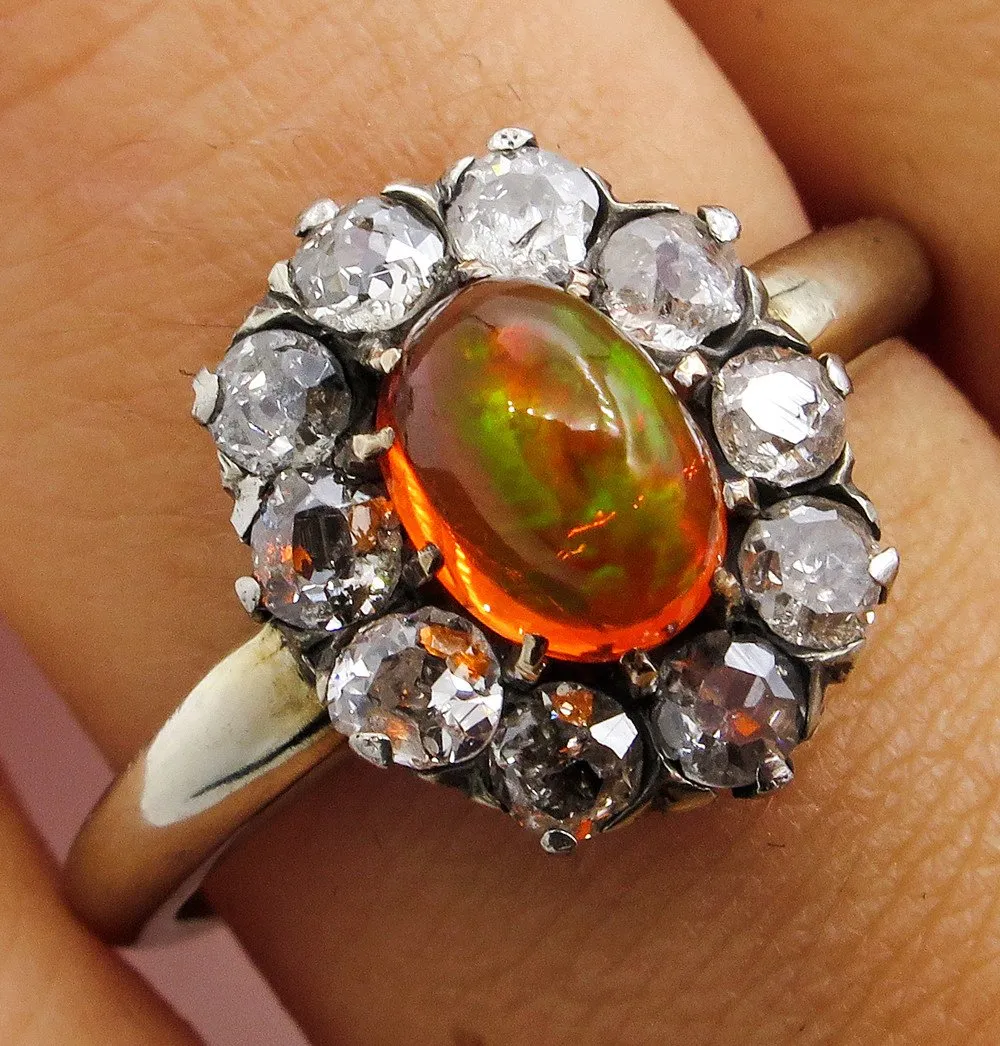 Victorian 2.45ct Antique Vintage FIRE OPAL and Old European DIAMOND Cocktail Cluster Ring