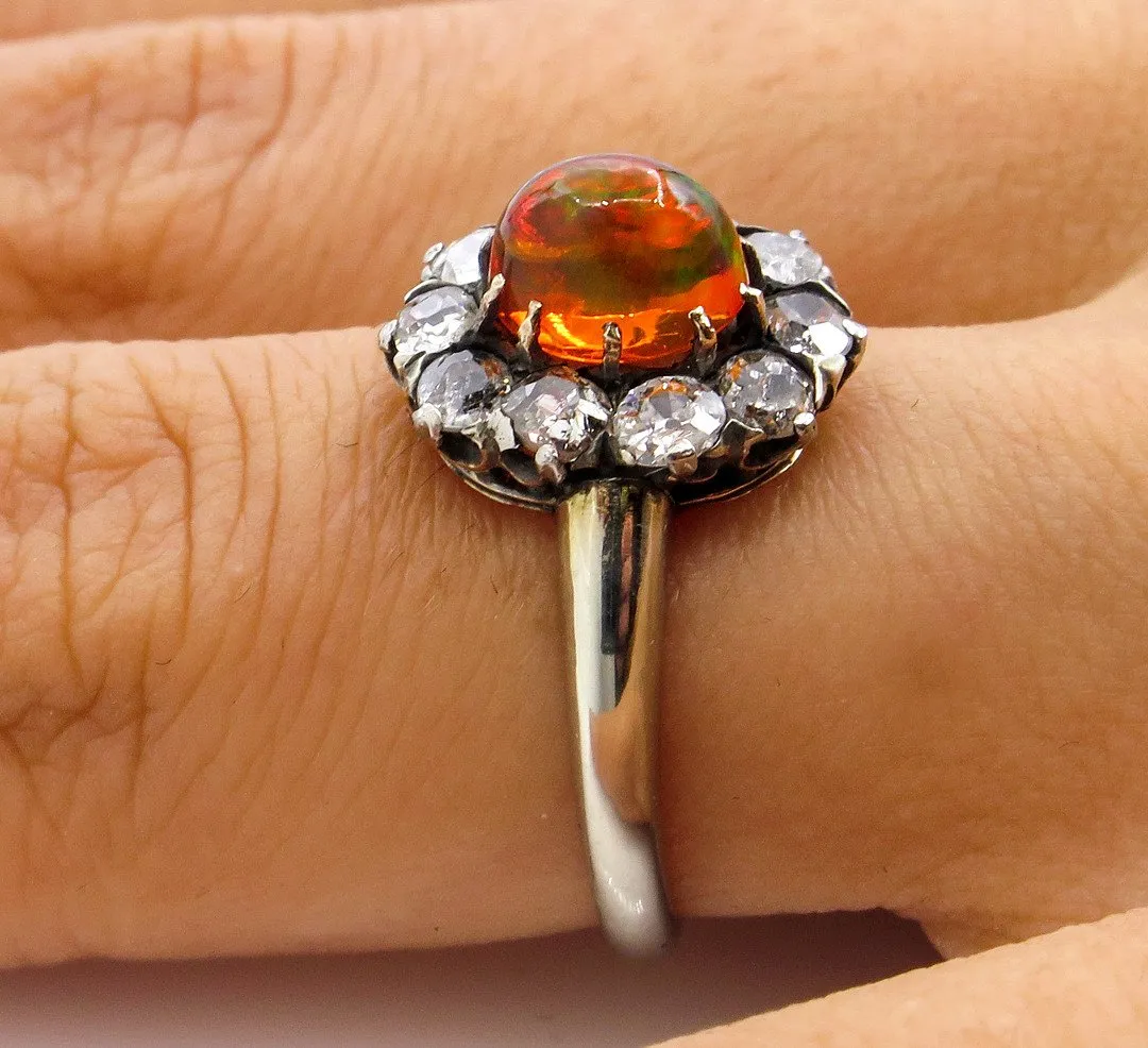 Victorian 2.45ct Antique Vintage FIRE OPAL and Old European DIAMOND Cocktail Cluster Ring