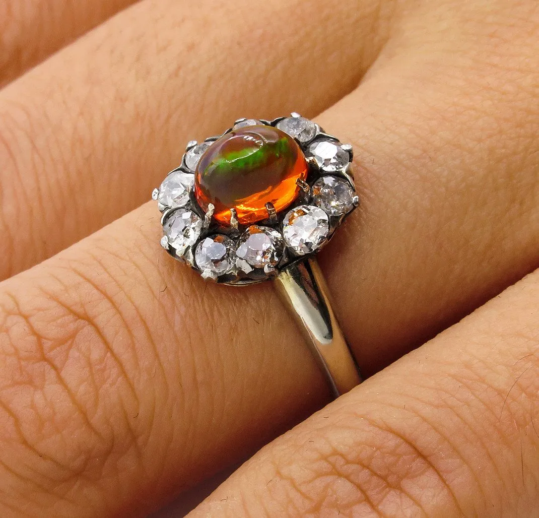 Victorian 2.45ct Antique Vintage FIRE OPAL and Old European DIAMOND Cocktail Cluster Ring