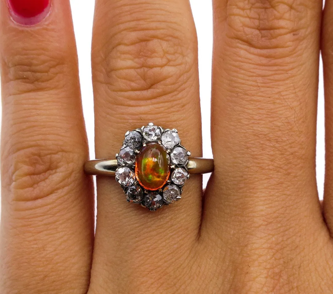 Victorian 2.45ct Antique Vintage FIRE OPAL and Old European DIAMOND Cocktail Cluster Ring