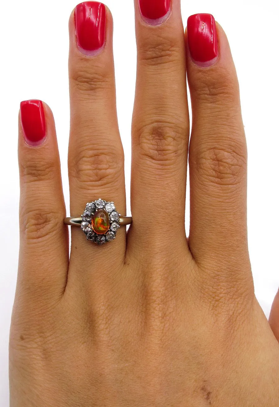 Victorian 2.45ct Antique Vintage FIRE OPAL and Old European DIAMOND Cocktail Cluster Ring