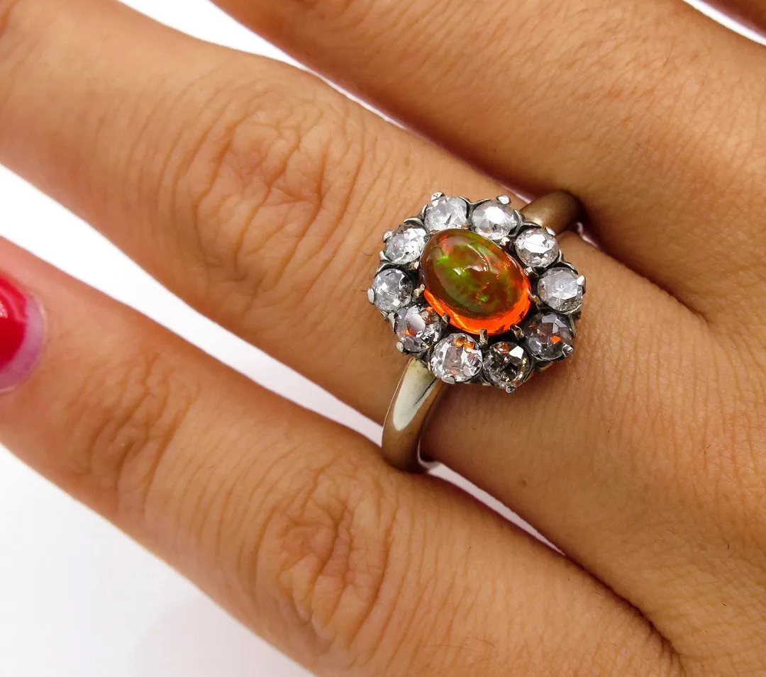 Victorian 2.45ct Antique Vintage FIRE OPAL and Old European DIAMOND Cocktail Cluster Ring