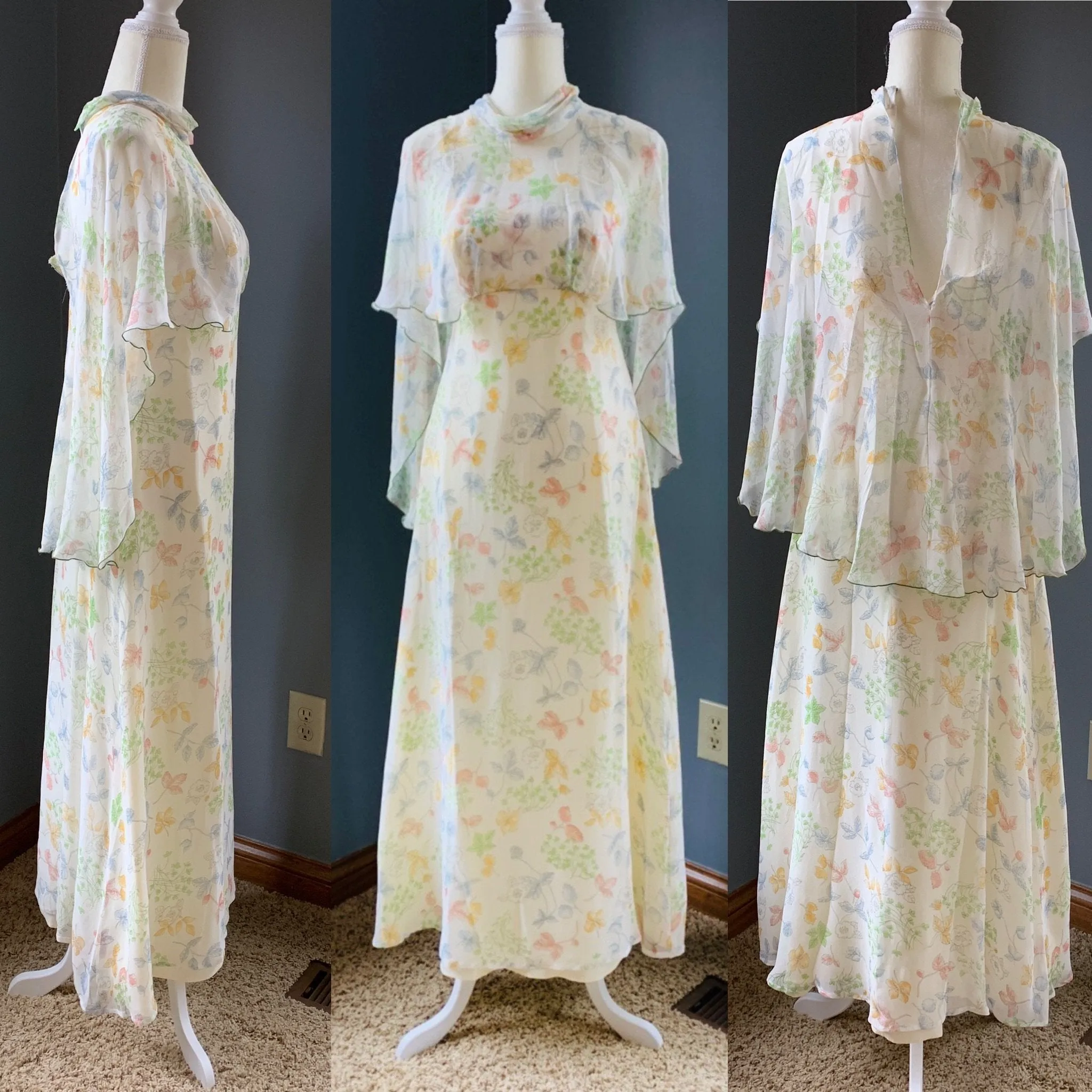 Vintage 1960s Chiffon Floral Maxi Boho Dress with Capelet. Vintage Wedding or Festival Dress