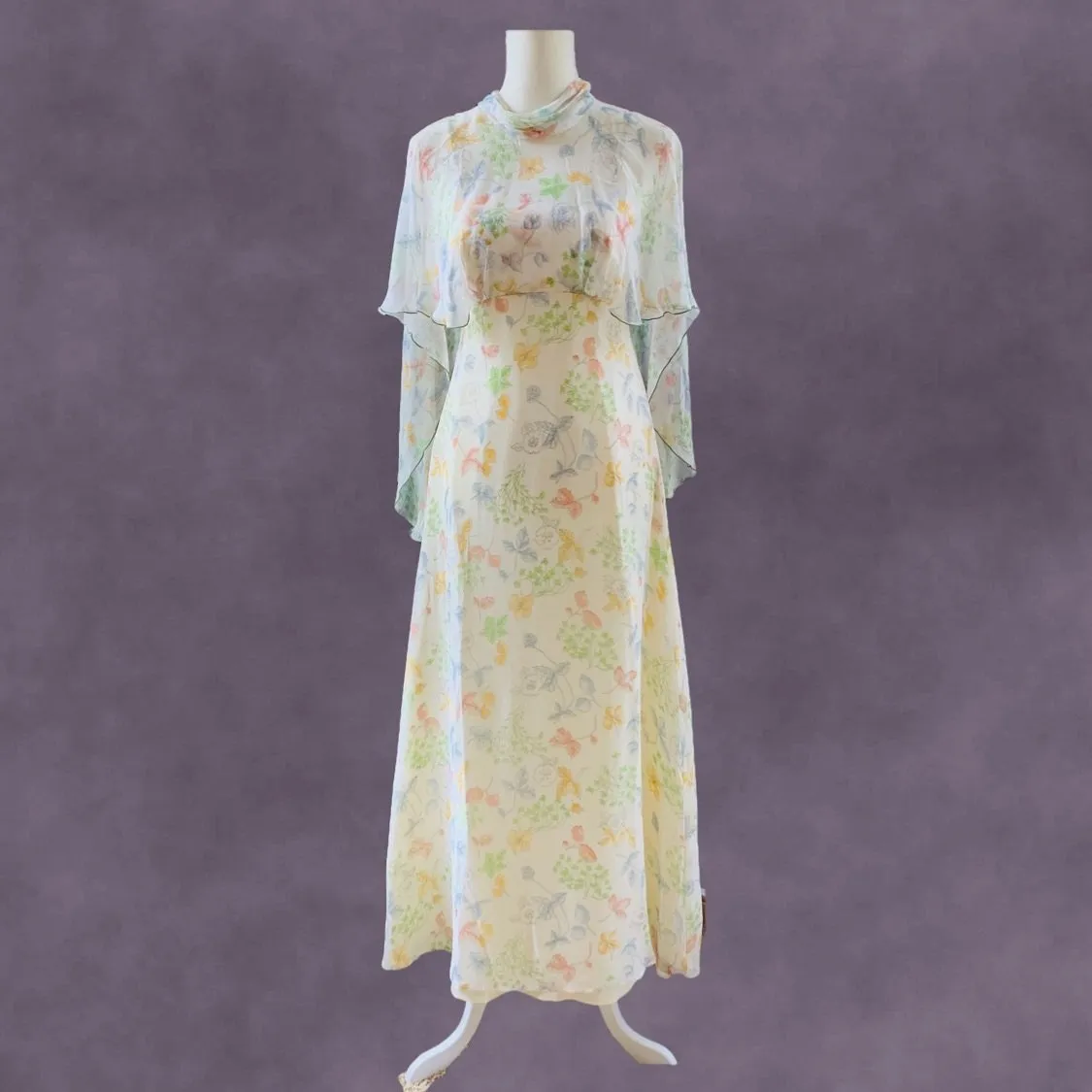 Vintage 1960s Chiffon Floral Maxi Boho Dress with Capelet. Vintage Wedding or Festival Dress