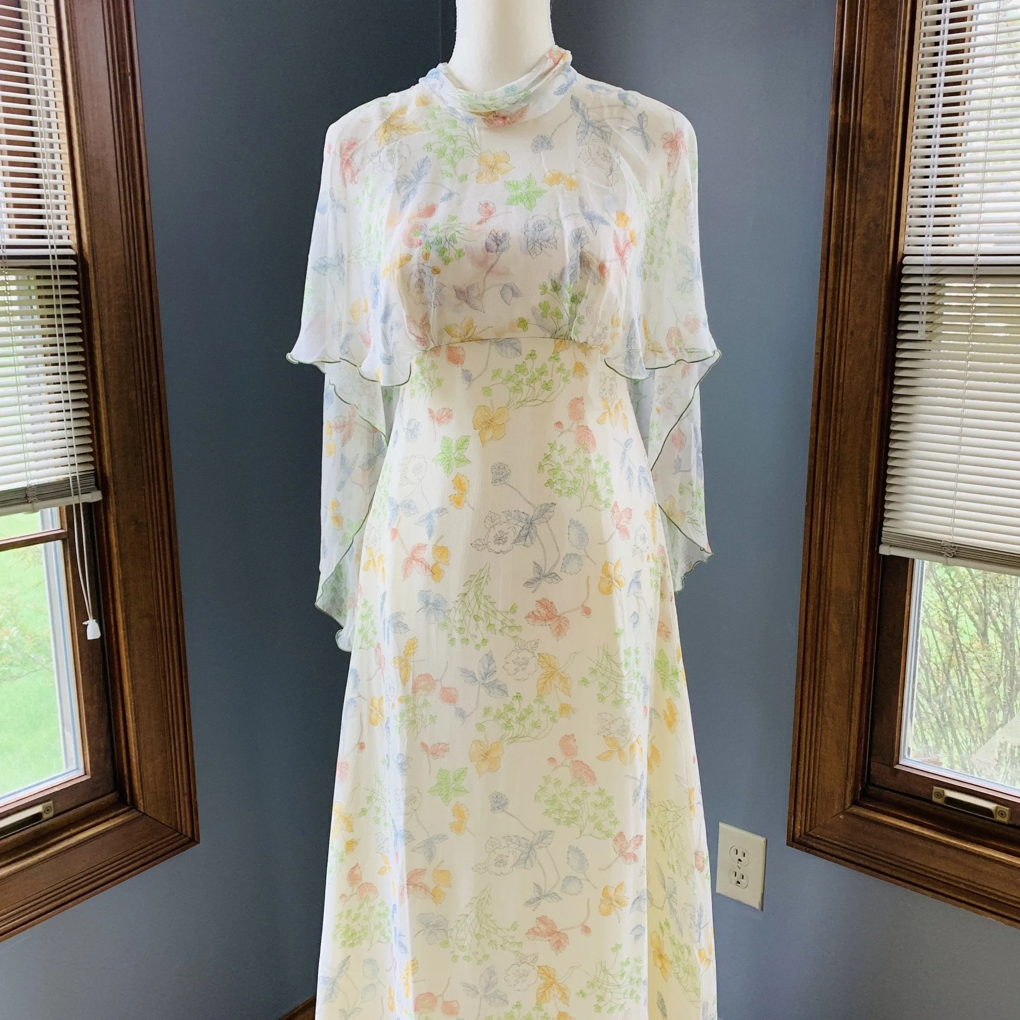 Vintage 1960s Chiffon Floral Maxi Boho Dress with Capelet. Vintage Wedding or Festival Dress