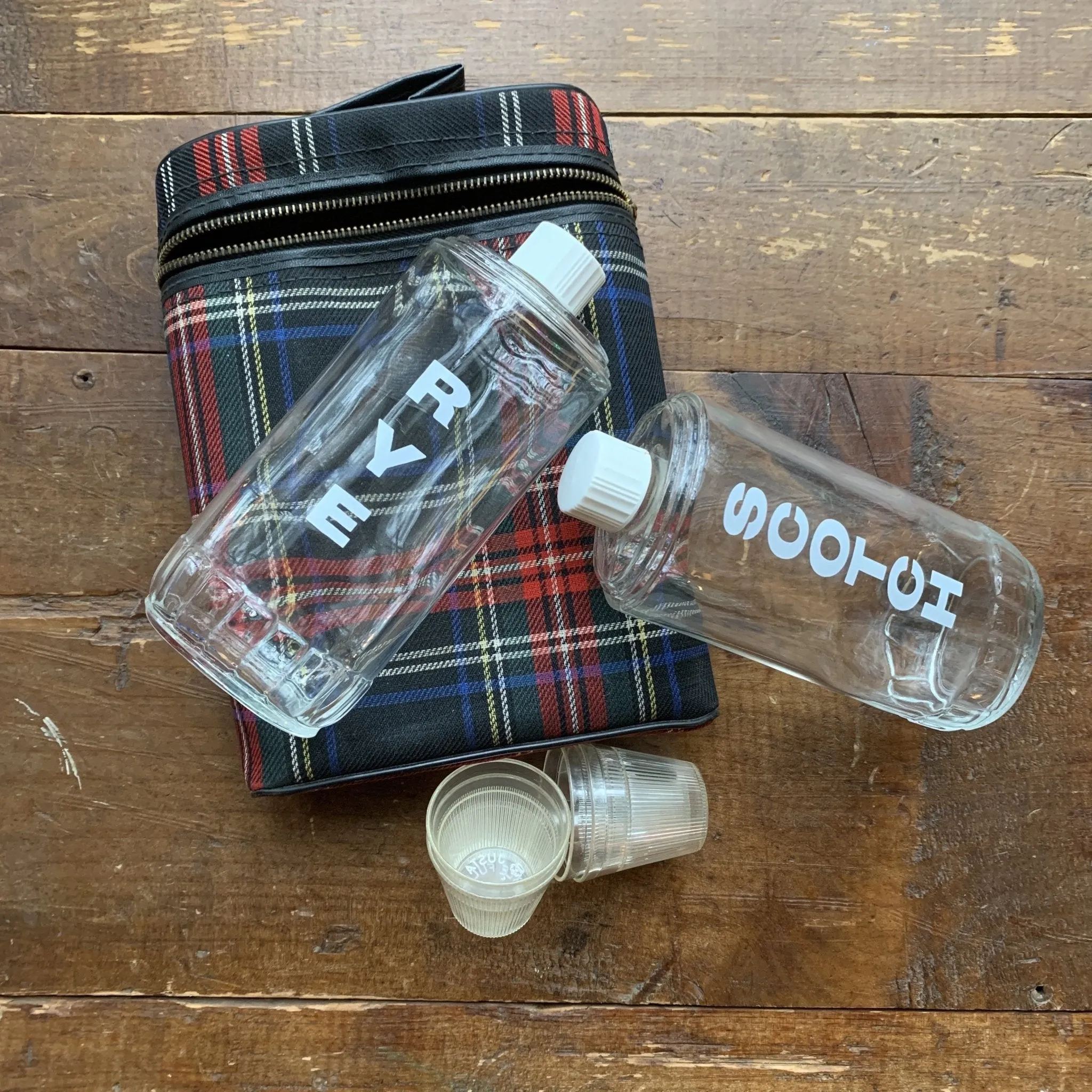 Vintage Red Plaid Portable Travel Bar. Rye and Scotch Decanters. Vintage Barware. Gift for Him.