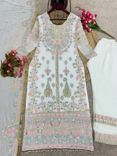 White Georgette Heavy Sequenced Embroidered Straight Suit Set