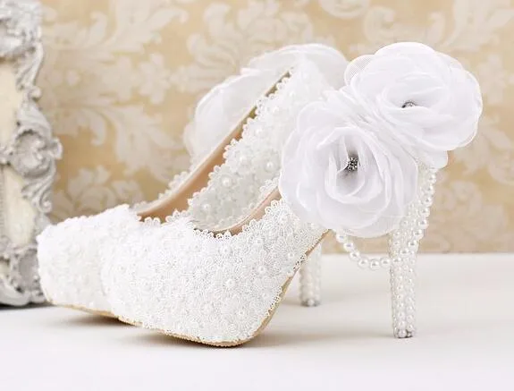 White Rose Wedding Heel Pumps Shoes