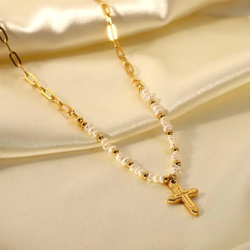 Women's Pearl Cross Pendant Necklace